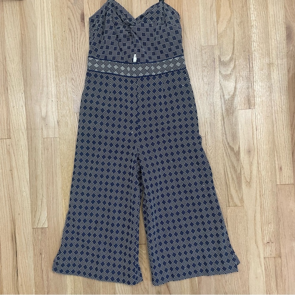Elevenses Jumpsuit 6 Blue Geo Design Wide Leg Crop Tank Cutout Textured